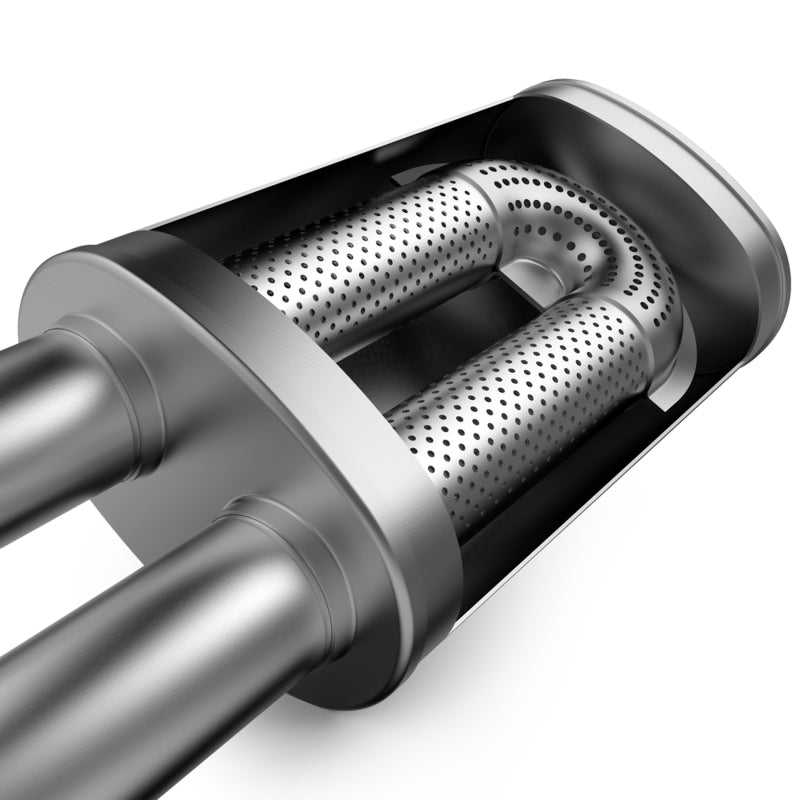 MagnaFlow Mag SS muffler with 14x5x8 inch size and 2.5 inch inlet/outlet, showing the stainless steel construction and inlet pipes.