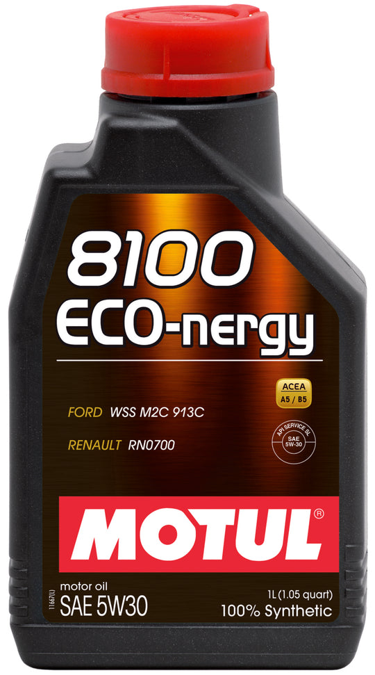 Motul 1L Synthetic Engine Oil 8100 5W30 ECO-NERGY for Ford, motor oil container with label and cap.