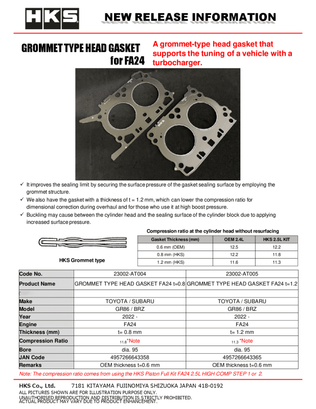 HKS Subaru FA24 head gasket with 1.2mm thickness and 11.3 CR Grommet type, shown with gasket details and metal surface.
