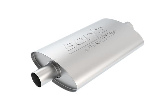Borla Pro-XS 2-inch oval turbo muffler with dual inlet, 14x9.5x4 inches, showcasing its durable stainless steel construction.