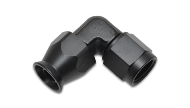 Vibrant -6AN 90-degree tight radius forged hose end fitting for PTFE lined hose, shown in close-up detail.