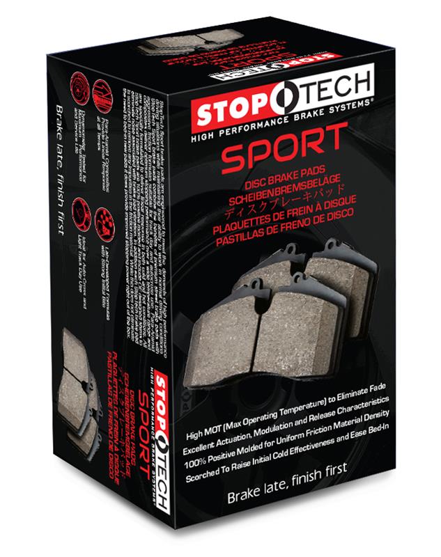StopTech Performance front brake pads for 2006-2009 Chevrolet Corvette Z06, showing the black friction material and metal backing.