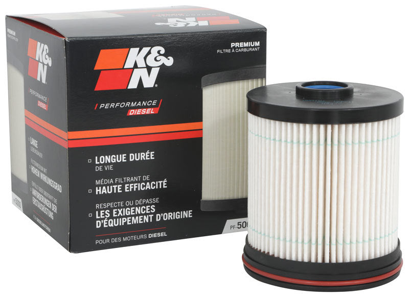K&N universal fuel filter with 40.016-inch length and 3.438-inch OD, designed for automotive fuel system replacement.