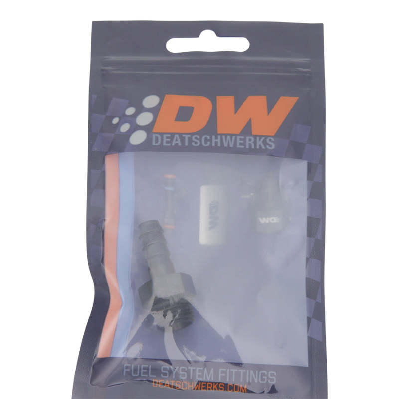 DeatschWerks 6AN ORB male to 5/16 inch triple barb fitting with O-ring, matte black anodized finish for fuel or fluid lines.
