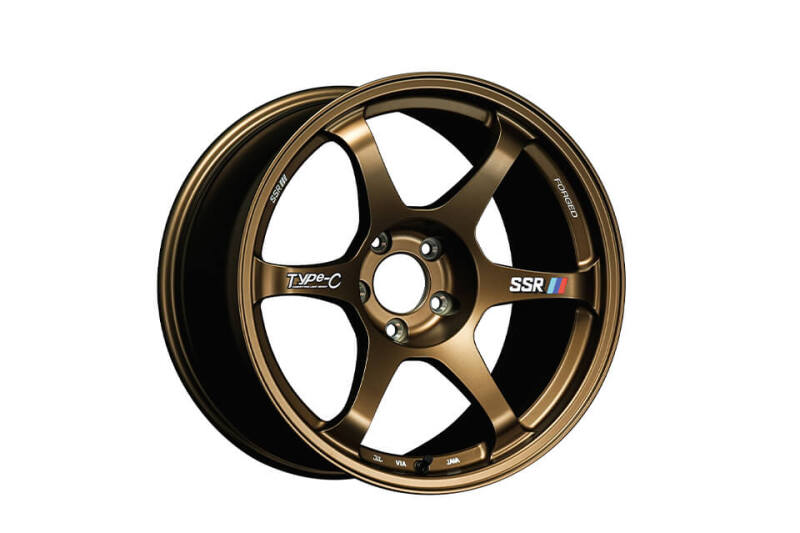 SSR Type-C forged racing bronze wheel, 18x9.5 inches, +22 offset, 5x114.3 bolt pattern, shown with detailed wheel design.