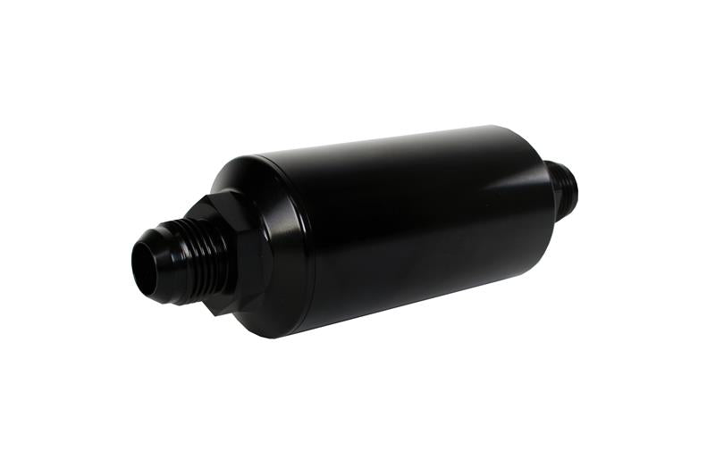 Aeromotive in-line fuel filter with black anodized finish and stainless steel element, featuring AN-10 fitting and 100 micron filtration.