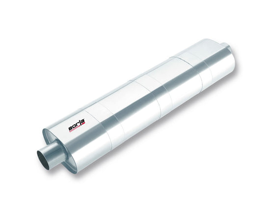 Borla 3-inch inlet/outlet oval XR-1 multi-core racing muffler with black exterior and polished tips, designed for high-performance vehicles.