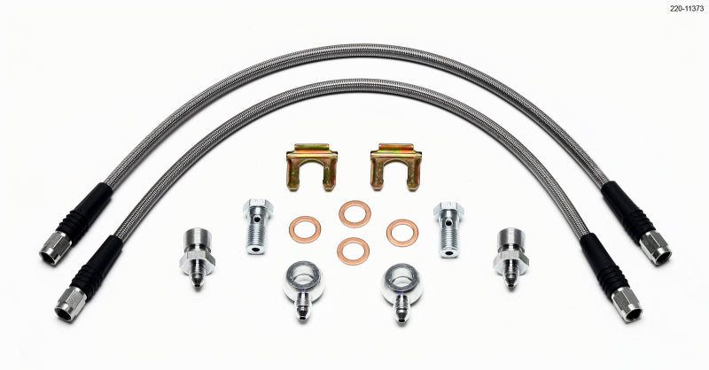Wilwood Flexline Kit D52 brake line with 18-inch hose and banjo fitting, designed for D52 calipers, 7/16-20 size.