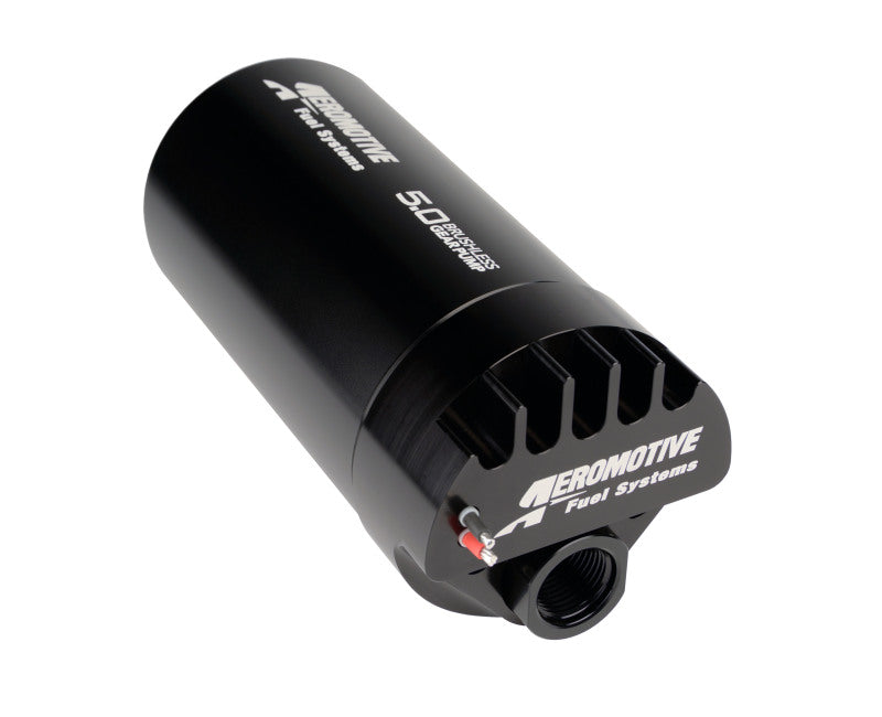 Aeromotive Brushless Pro+ Series external inline fuel pump for high-performance fuel systems, shown with metallic body and inlet/outlet ports.
