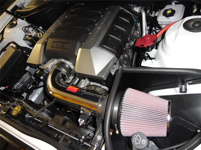 K&N 10 Camaro 6.2L V8 Polished Typhoon Short Ram Intake cold air intake system with polished metal finish and air filter.