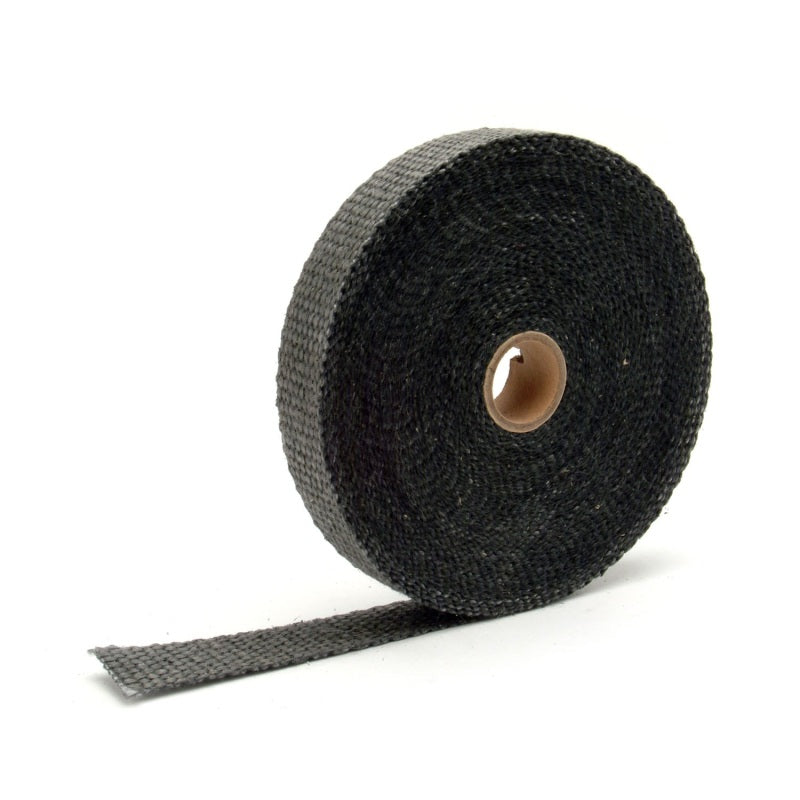 Black DEI Exhaust Wrap 1-inch by 50 feet, high-temperature heat wrap for automotive exhaust systems, shown in the image.