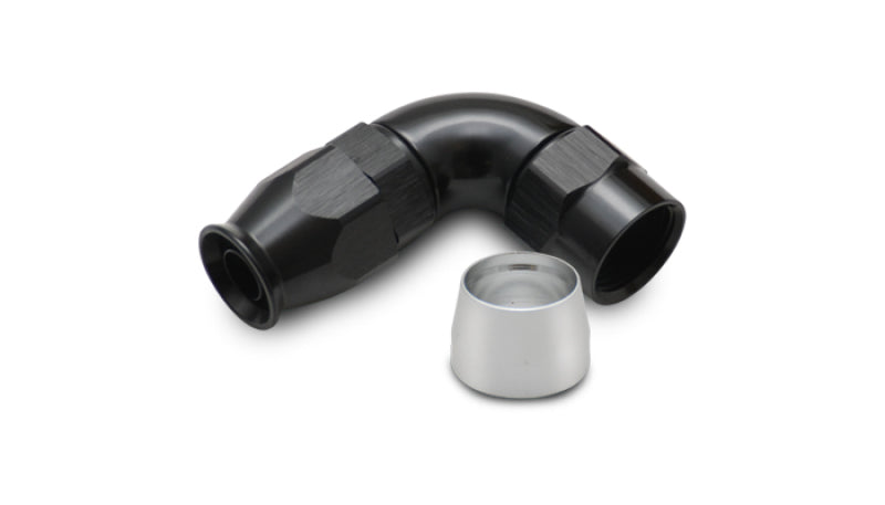 Vibrant -4AN 90 degree hose end fitting for PTFE-lined hoses, showing the durable metal fitting with angled design.