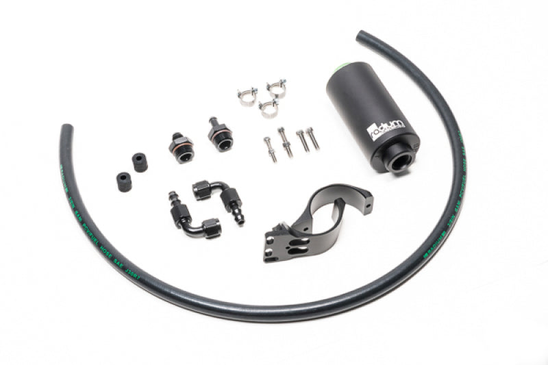 Radium Engineering Nissan 6 Micron Microglass Fuel Filter Kit with clear housing and stainless steel fittings for clean fuel filtration.