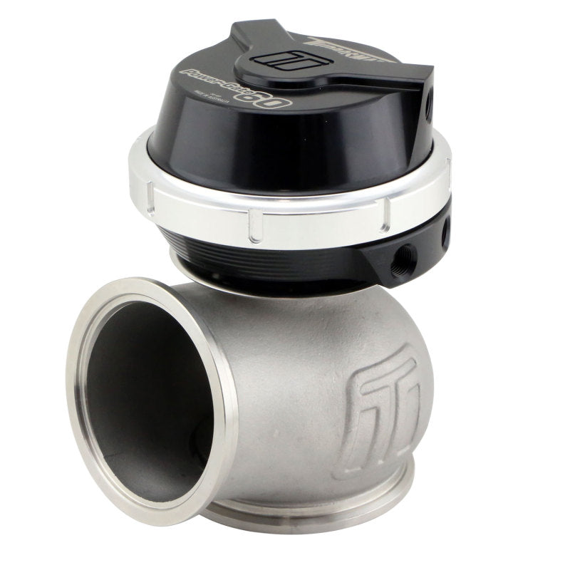 Black Turbosmart GenV PowerGate60 14psi external wastegate with metal components and adjustment actuator for turbocharging applications.