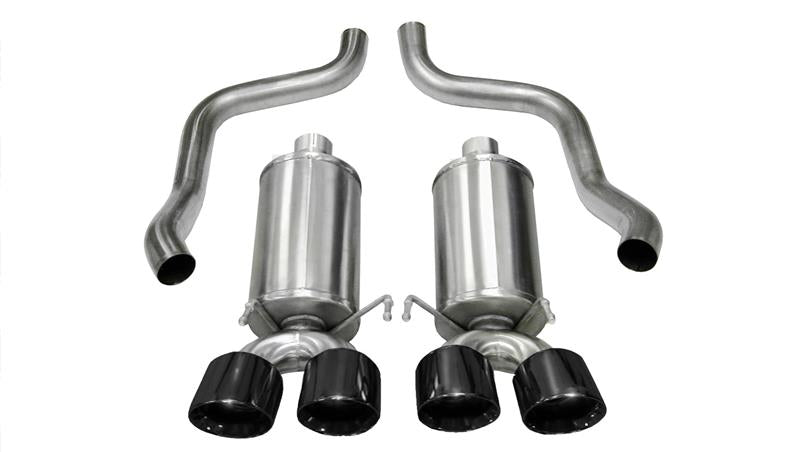 Corsa 2009-2013 Chevrolet Corvette C6 axle-back exhaust with dual black 3.5-inch tips, featuring polished stainless steel and V8 engine compatibility.