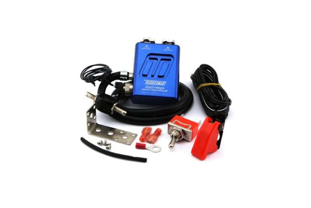 Turbosmart Dual Stage Boost Controller V2 in blue, showing the compact device with control knobs and branding.