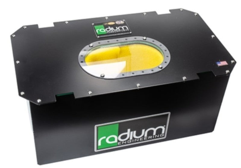Radium Engineering R14A 14-gallon fuel cell with black exterior and mounting brackets for automotive fuel tank installation.