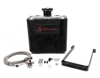 Snow Performance 7-gallon water tank upgrade with braided stainless steel lines, brackets, solenoid, and 4AN fittings.