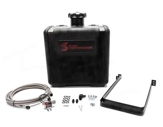 Snow Performance 7-gallon water tank upgrade with braided stainless steel lines, brackets, solenoid, and 4AN fittings.