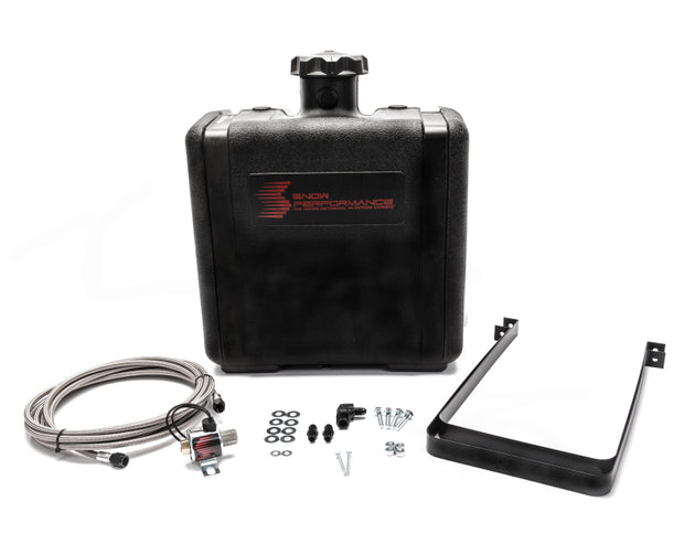 Snow Performance 7-gallon water tank upgrade with braided stainless steel lines, brackets, solenoid, and 4AN fittings.