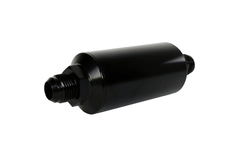 Aeromotive in-line fuel filter with black anodized finish, AN-10 fitting, 100 micron stainless steel element for automotive fuel systems.