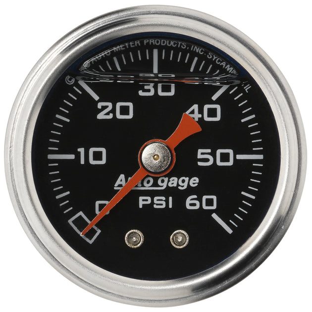 AutoMeter AutoGage 1.5-inch black liquid-filled mechanical fuel pressure gauge, 0-60 PSI for automotive use.