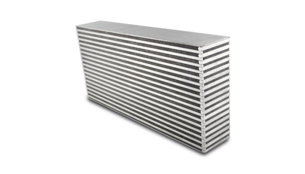 Vibrant horizontal flow air intercooler core with 25-inch width, 11.75-inch height, and 4.5-inch thickness for efficient cooling.
