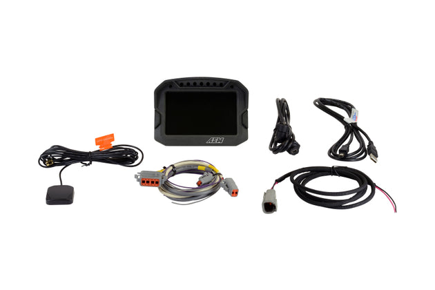 AEM CD-5LG Carbon Logging digital dash display gauge with internal 10Hz GPS and antenna, designed for vehicle monitoring.