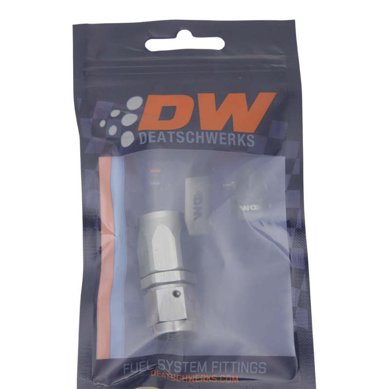 DeatschWerks 6AN female swivel straight hose end fitting for fuel and fluid lines, showcasing durable metal construction.