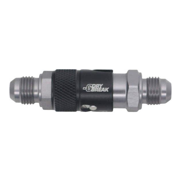 DeatschWerks 6AN male flare quick disconnect dry break fittings in matte black, two-piece anodized fittings for fuel systems.