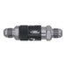 DeatschWerks 6AN male flare quick disconnect dry break fittings in matte black, two-piece anodized fittings for fuel systems.