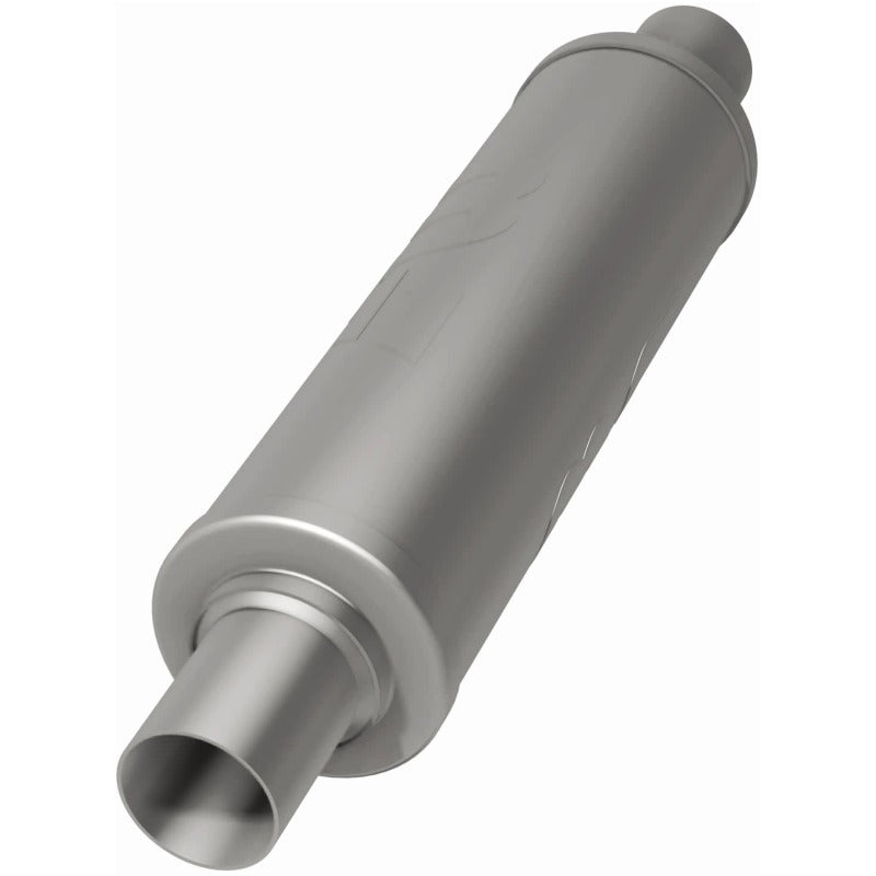MagnaFlow Mag SS muffler with 14x4x4 inches dimensions and dual 2-inch inlet and outlet pipes, shown in the image.