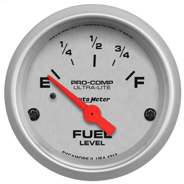 AutoMeter Ultra-Lite 52mm electronic fuel level gauge, 0 to 90 ohms, short sweep, with empty and full markings visible.