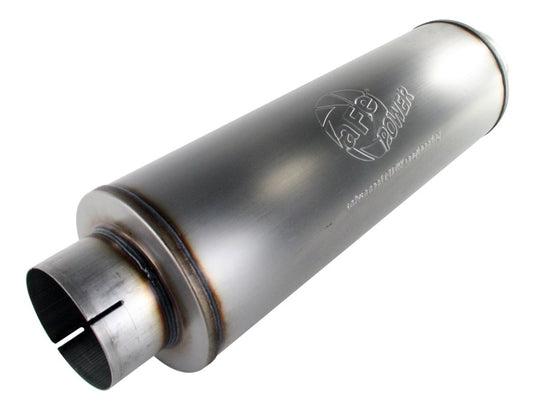 aFe MACHForce XP stainless steel exhaust muffler with 5-inch inlet and 8-inch diameter outlet, showcasing its sleek design.