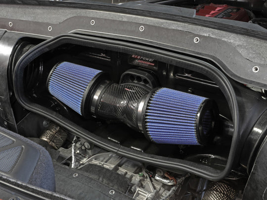 aFe 2020 Chevrolet Corvette C8 Track Series carbon fiber cold air intake system with Pro 5R filters installed in engine bay