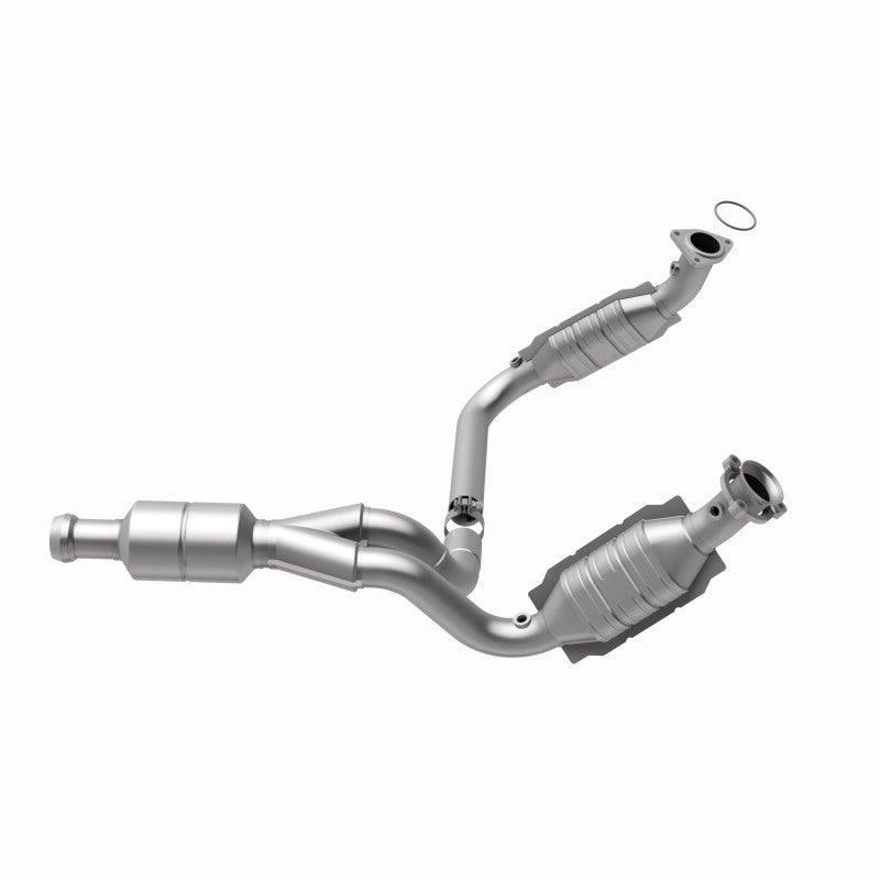 MagnaFlow catalytic converter direct fit for Chevy Avalanche 5.3L, replacement part with metal casing and inlet/outlet pipes visible