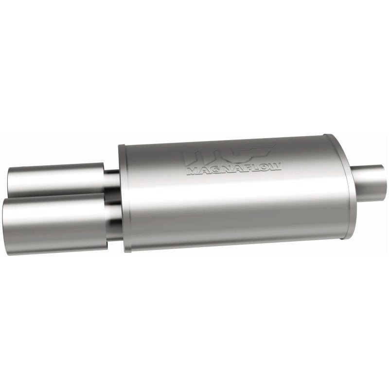 MagnaFlow stainless steel muffler with tip, 14x5x8 inches, featuring dual inlet and outlet pipes, automotive exhaust component