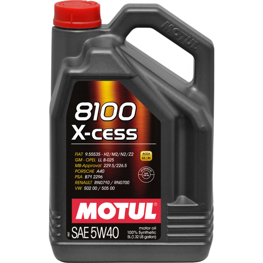 Motul 5L Synthetic Engine Oil 8100 X-CESS Gen 2 5W-40 bottles, motor oil for car engines, in a case of four.