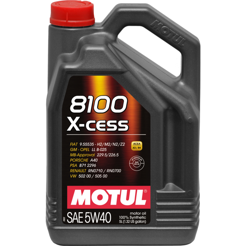 Motul 5L Synthetic Engine Oil 8100 X-CESS Gen 2 5W-40 bottles, motor oil for car engines, in a case of four.