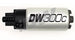 DeatschWerks 340lph DW300C compact fuel pump with universal install kit, shown with wiring and mounting components.