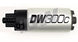 DeatschWerks 340lph DW300C compact fuel pump with universal install kit, shown with wiring and mounting components.