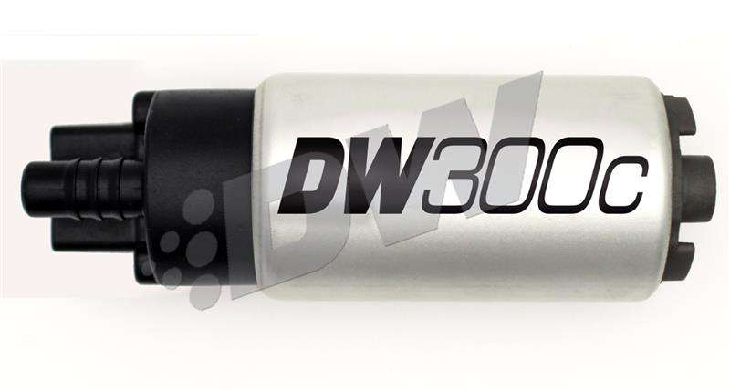 DeatschWerks 340lph DW300C compact fuel pump with universal install kit, shown with wiring and mounting components.
