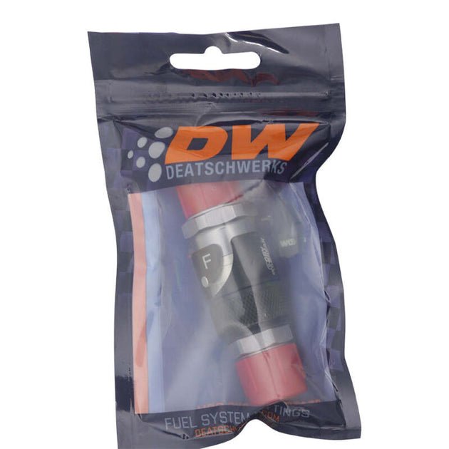 DeatschWerks 8AN male flare quick disconnect dry break fitting in matte black, two-piece anodized fitting for high-performance fuel systems.