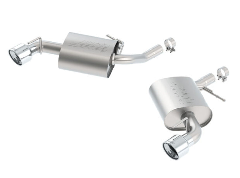 Borla axle-back exhaust for 2016-2017 Chevy Camaro 3.6L V6 with single split rear exit, black and chrome finish, and dual tips.