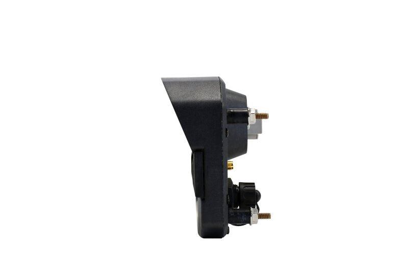 AEM CD-5LG carbon digital dash display gauge with internal 10Hz GPS and antenna, showing digital readings and mounting hardware.