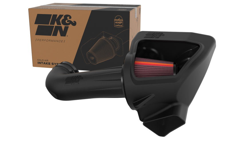 K&N Engineering cold air intake system for Chevy Camaro SS V8 6.2L engine, showing the air filter and intake tubing.