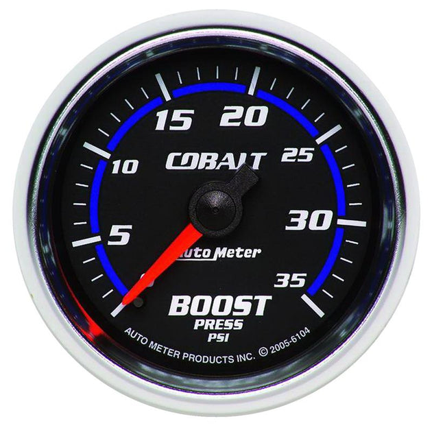 AutoMeter Cobalt 52mm mechanical boost gauge showing 0-35 psi, with a sleek blue dial and clear measurement markings.