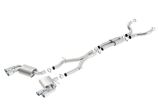 Borla Chevy Camaro 2016-2017 6.2L ATAK catback exhaust with dual tips and split rear exit, showcasing polished stainless steel design.