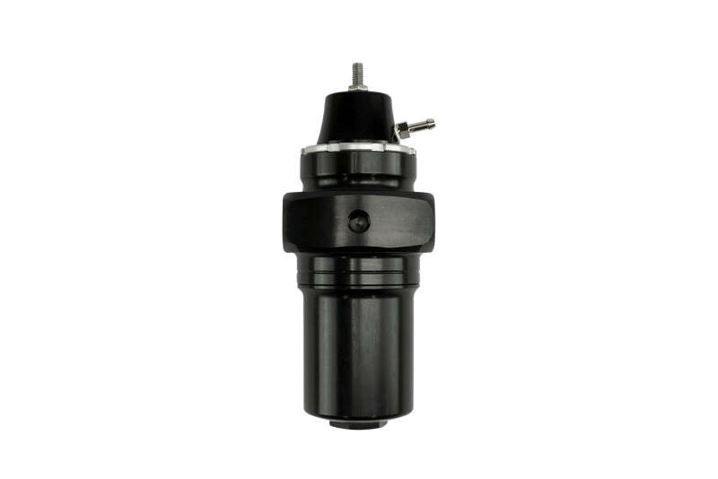Turbosmart FPRF8 black fuel pressure regulator and filter, compact automotive part with hoses and fittings, on a white background.