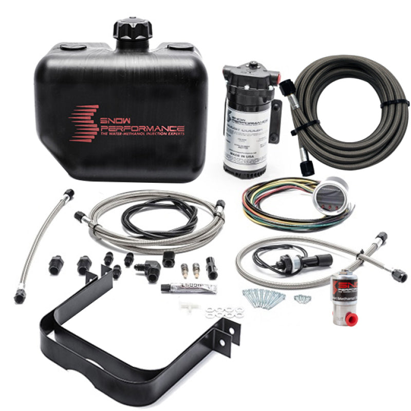 Snow Performance 2.5 Boost Cooler water methanol injection kit with stainless steel braided line and 4AN fittings, installed in a vehicle engine.